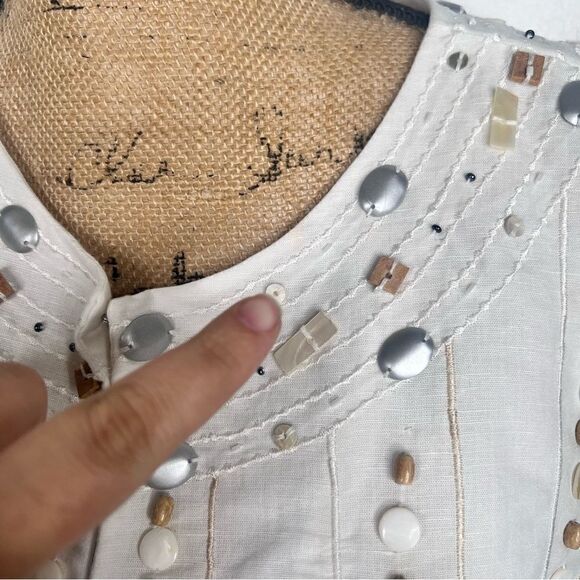 Sz M Gretchen Scott Linen Blend White Shell& Rock Embellished 3/4 Sleeve Blouse - Picture 9 of 16